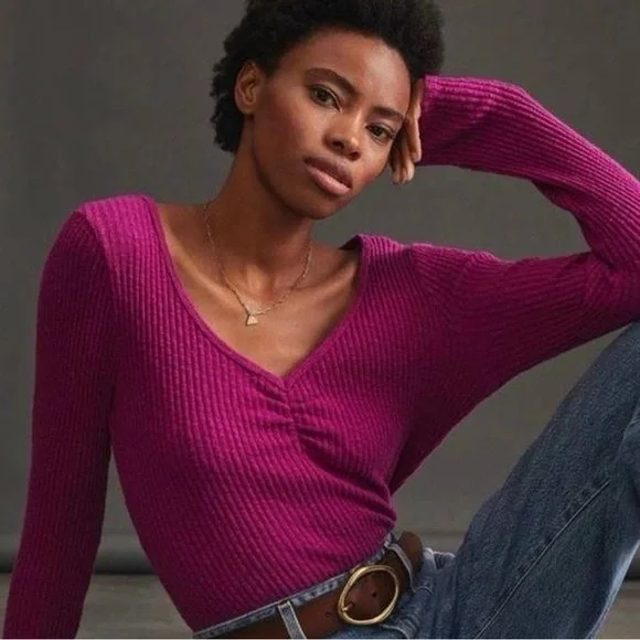 Anthropologie T.La Cinched V-Neck Long Sleeve Ribbed Slim Top Size‎ Large - Picture 7 of 7